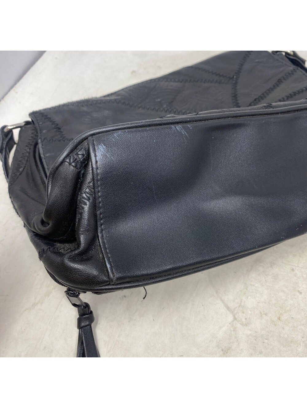 Vintage 80s 90s Patchwork Black Faux Leather Shoulder Bag Boho Organizer Y2K - Picture 3 of 9